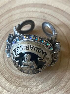 Aquarius Signet Ring - crystal Silver and Black Zodiac Statement